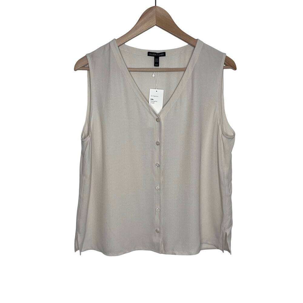 Eileen Fisher Silk Georgette Crepe V Neck Button Top Bone M NWT $248